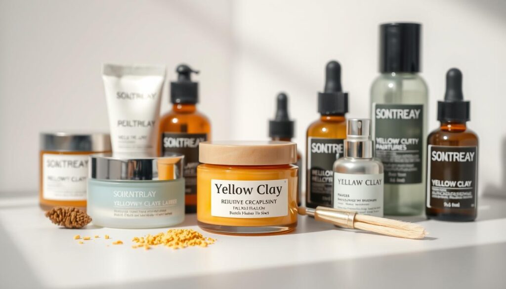 A high-quality, close-up still life photograph of an assortment of skincare products for mature skin, featuring a prominent jar of yellow clay. The products are arranged on a clean, minimalist background, bathed in soft, diffused lighting from an angle that highlights the textures and colors. The jar of yellow clay is positioned centrally, with complementary moisturizers, serums, and other skin-nourishing items surrounding it. The overall scene conveys a sense of natural wellness, highlighting the benefits of yellow clay for mature complexions.