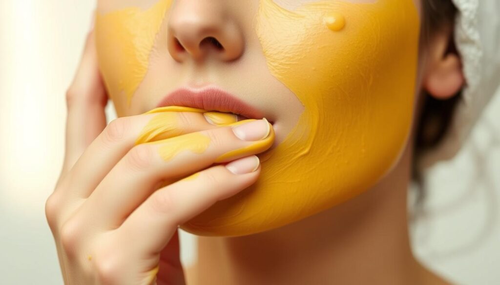 A serene close-up of a woman's hand gently applying a smooth, creamy yellow clay mask to her face. The clay has a natural, earthy texture and a warm, sunny hue. The background is softly blurred, focusing attention on the delicate application process. Soft, diffused lighting casts a gentle glow, highlighting the clay's luminous quality and the woman's relaxed, contemplative expression. The composition emphasizes the care and attention required when using this natural, skin-nourishing ingredient. An image that conveys the soothing, rejuvenating experience of using yellow clay in a beauty routine.