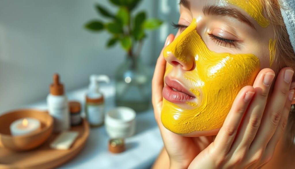 A serene close-up of a woman's hands gently applying a yellow clay mask to her glowing, oily complexion. Soft, diffused natural lighting illuminates her skin, highlighting the mask's texture. In the background, a tranquil table scene features skincare products and a soothing plant, creating a calming, spa-like atmosphere. The woman's expression is one of relaxation and focused self-care, conveying the complementary nature of this routine. Detailed, high-resolution, cinematic style.