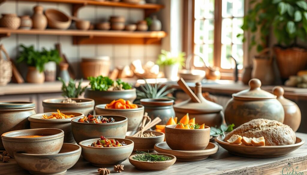 A vibrant still life scene showcasing a variety of artisanal clay-based recipes. In the foreground, a collection of handcrafted ceramic bowls and plates filled with colorful, textured dishes - perhaps a savory stew, a hearty bread, or a fragrant herbal tea. The middle ground features an array of natural ingredients like herbs, vegetables, and spices, all in warm, earthy tones. The background depicts a rustic, sun-dappled kitchen setting, with wooden shelves, woven baskets, and a window revealing a lush, verdant garden. The lighting is soft and diffused, casting gentle shadows and highlighting the unique textures and hues of the clay-based creations. An atmosphere of homespun comfort and culinary artistry pervades the scene.