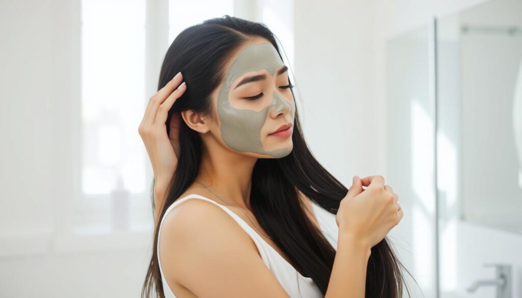A woman carefully applying a thick, creamy clay mask to her long, dark hair, with a focused expression on her face. The scene is set in a bright, airy bathroom, with natural light filtering in through a window, casting a soft, even glow on the subject. The background is clean and minimalist, allowing the hair application process to be the central focus. The woman's movements are delicate and precise, as she works the clay through her tresses, ensuring even coverage from roots to ends. The overall mood is one of calm, relaxation, and a sense of self-care.