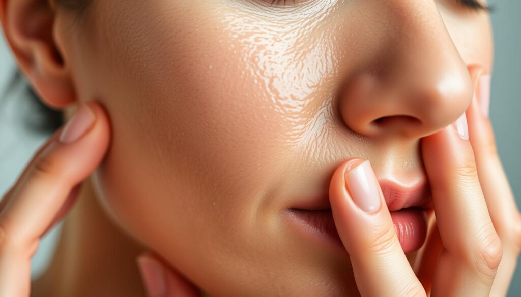 Detailed close-up of a woman's oily skin, preparing for a clay mask treatment. Bright, even lighting illuminates the skin's texture, highlighting enlarged pores and shiny areas. The skin appears slightly blemished, with a few minor breakouts. The woman's fingers gently massage the skin, prepping it for the upcoming application of yellow clay. The background is blurred, keeping the focus solely on the skin's preparation. The mood is one of care and intention, as the woman takes the necessary steps to address her oily complexion.