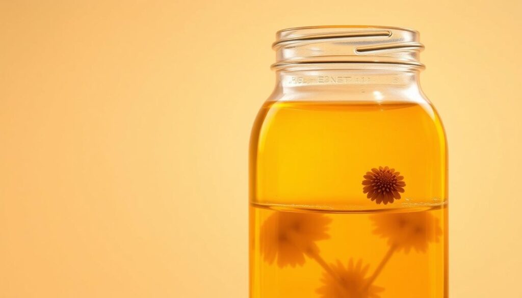 A close-up of a glass jar filled with golden-yellow calendula oil, softly illuminated from the side. The oil glistens and appears viscous, with a few whole calendula flower petals floating within. The jar is set against a plain, neutral background that allows the vibrant color and texture of the oil to be the focal point. The lighting is warm and natural, casting subtle shadows that accentuate the form of the jar. The overall composition is simple, elegant, and highlights the rich, nourishing properties of the calendula oil.