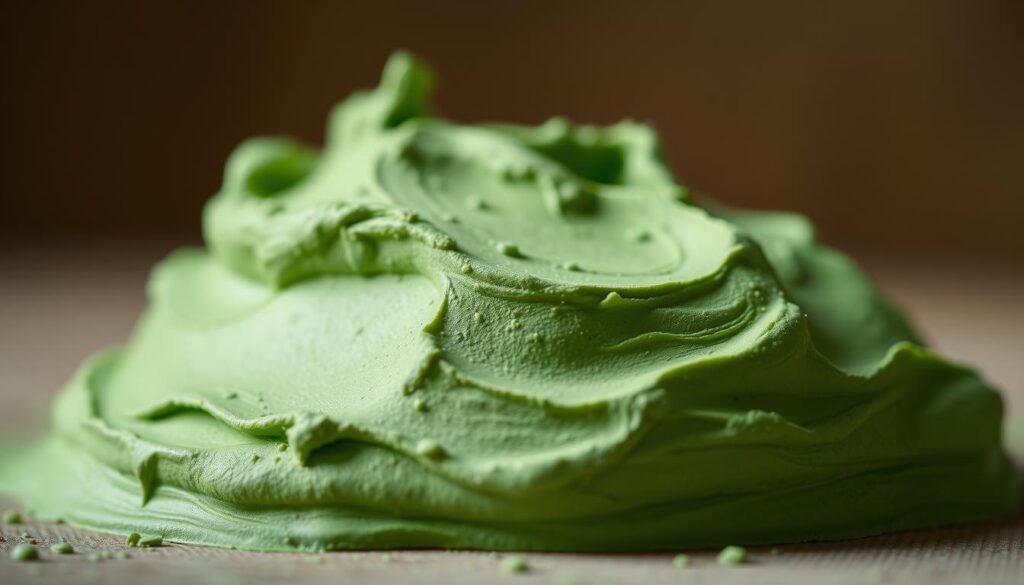 A close-up photograph of a pile of bright green, smooth clay with a matte, earthy texture. The clay is arranged in a natural, organic formation, with gentle undulations and slight variations in hue. The lighting is soft and diffused, creating a soothing, calming atmosphere. The background is blurred, putting the focus entirely on the captivating beauty and tactile quality of the green clay. The image conveys the natural, nourishing properties of the material, suggesting its potential benefits for skin care and wellness applications.
