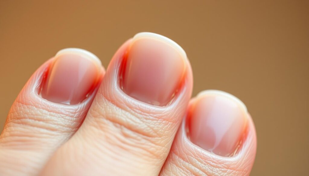 A close-up photograph of healthy, regenerated human nails in a soft, warm lighting. The nails are a natural, pinkish-white color, glistening with a subtle sheen. The foreground showcases the detailed texture and grooves of the nail beds, with a slight curve to the shape. The middle ground highlights the cuticles, which appear moisturized and integrated seamlessly with the nail. The background is blurred, creating a sense of focus and emphasis on the regenerated nails. The overall mood is one of wellness, rejuvenation, and natural beauty.