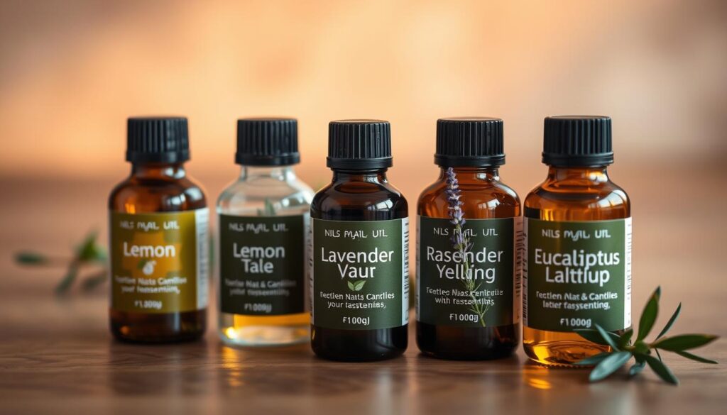A close-up shot of five essential oils in glass bottles, meticulously arranged on a wooden surface. The oils are labeled with their names: lemon, tea tree, lavender, rosemary, and eucalyptus. The lighting is soft and warm, creating a soothing, natural ambiance. The focus is sharp, highlighting the vibrant colors and textures of the oils, which appear to glisten and shimmer. The background is blurred, allowing the oils to take center stage and command attention. The overall composition is balanced and visually appealing, conveying the power and effectiveness of these essential oils for treating yellow nails.