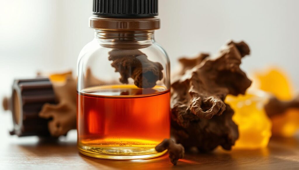 A glass bottle filled with amber-colored essential oil, partially obscured by dried myrrh resin. The bottle is positioned on a wooden surface, with soft natural lighting illuminating the scene. The background is blurred, evoking a sense of focus and attention on the product. The overall mood is one of calm, natural, and medicinal essence, reflecting the cautious and informed use of this potent essential oil.