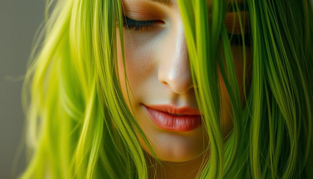 A serene close-up of a woman's lush, green hair, meticulously styled to showcase the vibrant color and natural texture. The strands appear silky and lustrous, gently illuminated by soft, diffused lighting that casts a warm, earthy glow. The woman's face is subtly visible, her expression serene and peaceful, reflecting the nourishing, restorative properties of the green clay used in her hair treatment. The background is blurred, allowing the focus to remain on the hair, which fills the frame and occupies the majority of the image, conveying the central importance of this natural ingredient for hair care.