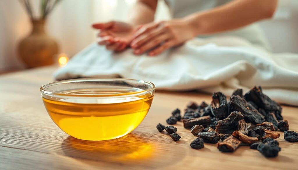 A tranquil and meditative scene showcases the sacred ritual of using myrrh oil. In the foreground, a glass bowl filled with warm, golden myrrh oil rests on a wooden table, its surface glistening in soft, natural lighting. Surrounding the bowl are an assortment of small, dark-colored myrrh resin chunks and a clean, white cloth. In the middle ground, a person's hands tenderly massage the oil into the skin, the gentle motions conveying a sense of relaxation and wellness. The background features a serene, minimalist setting with neutral-toned walls and soft, diffused illumination, creating an atmosphere of calm and introspection.