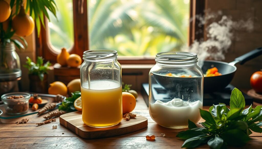 A vibrant Brazilian kitchen setting featuring a central dish of coconut oil being used in traditional Brazilian cuisine. In the foreground, a large glass jar filled with pure, glistening coconut oil sits atop a wooden cutting board, surrounded by various aromatic spices, herbs, and citrus fruits. In the middle ground, a sizzling pan showcases coconut oil being used to sauté freshly chopped vegetables, emitting an inviting aroma. The background depicts a rustic, sun-dappled windowsill overlooking a lush tropical landscape, creating a warm, homey atmosphere. Warm, natural lighting casts a soft glow over the scene, highlighting the rich textures and colors of the ingredients. The overall composition conveys the versatility and culinary significance of coconut oil within traditional Brazilian cooking.