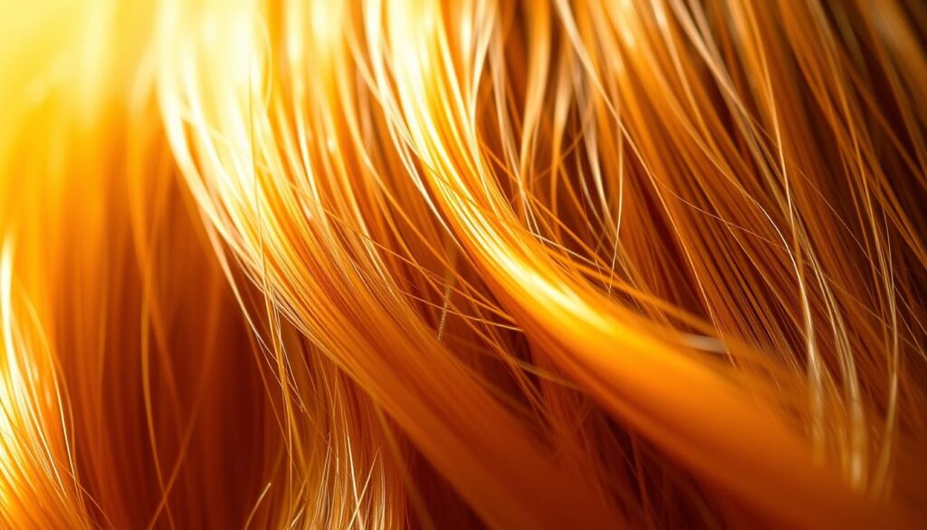 Detailed close-up of healthy, shiny hair with vibrant shine and radiance, reflecting the nourishing benefits of calendula oil. The hair strands appear soft, smooth, and glistening, conveying an overall impression of rejuvenation and vitality. Lit by warm, diffused lighting that enhances the natural color and texture of the hair. Photographed against a simple, muted background that allows the hair to be the focal point. The image should convey the theme of "Benefícios do Óleo de Calêndula para o Cabelo" through the visual representation of healthy, rejuvenated hair.