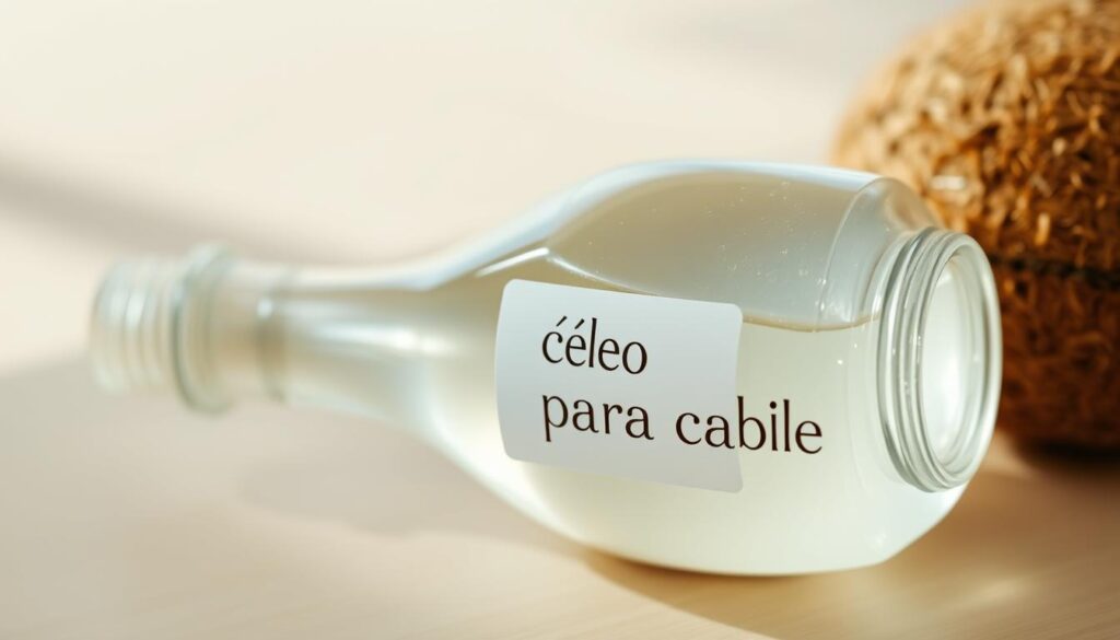 a close-up shot of a clear glass bottle filled with translucent coconut oil, resting on a light wooden surface. The bottle has a simple white label with the Portuguese text "óleo de coco para cabelo" printed in a clean, elegant font. The lighting is soft and natural, creating a warm, inviting atmosphere. The image conveys the soothing and nourishing qualities of the coconut oil, highlighting its potential as a natural hair care treatment.
