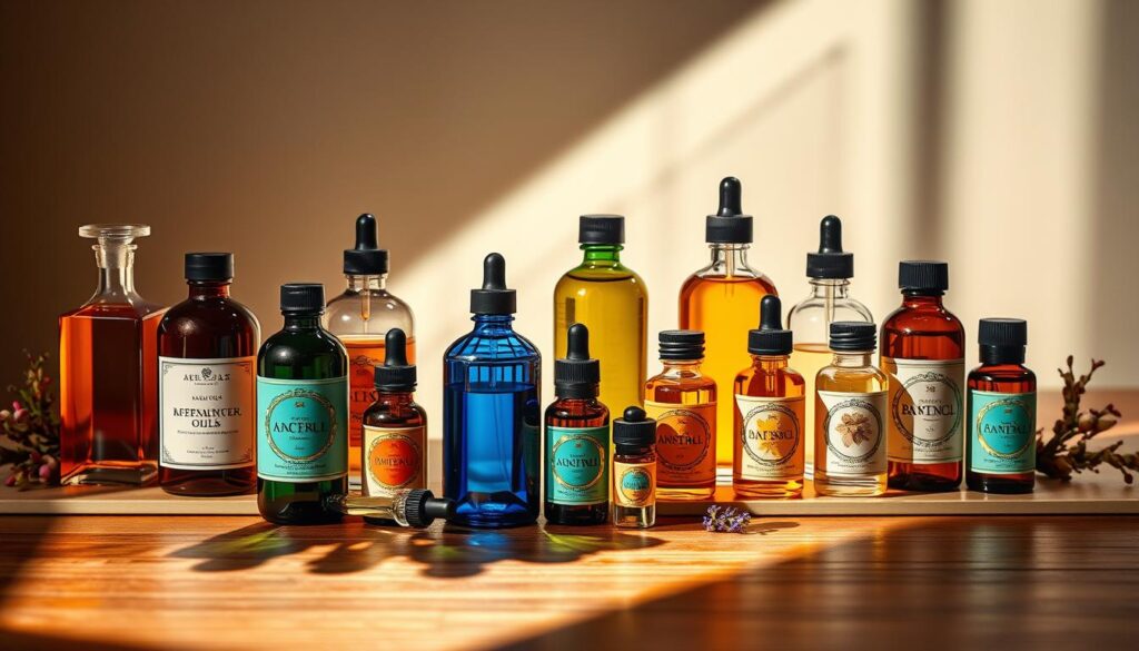 A beautifully lit still life composition showcasing an assortment of essential oils in elegant glass bottles and vials, arranged on a sleek, minimalist wooden surface. Vibrant colors and rich textures of the oils and their labels create a visually captivating display. Warm, directional lighting casts gentle shadows, highlighting the shapes and nuances of the bottles. The scene exudes a sense of tranquility and wellness, conveying the natural, therapeutic properties of the essential oils. The image should inspire the viewer to consider the myriad benefits of incorporating essential oils into their daily self-care and home care routines.