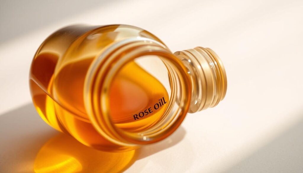 A close-up shot of an open bottle, filled with a golden, amber-colored liquid that glistens under soft, natural lighting. The liquid is rosa mosqueta (rosehip) oil, with its rich, antioxidant-filled essence captured in high detail. The bottle rests on a simple, light-colored surface, allowing the oil to be the focal point. Subtle reflections and highlights on the glass container emphasize the premium, high-quality nature of the product. The overall composition and lighting evoke a sense of purity, nourishment, and the restorative power of this versatile botanical oil.