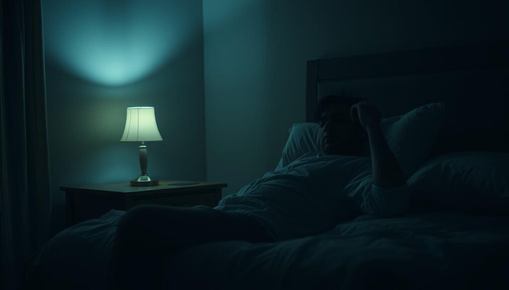 A dimly lit bedroom at night, with a restless figure tossing and turning in bed, illuminated by the soft glow of a bedside lamp. The scene conveys a sense of fatigue and frustration, with the person's expression displaying the mental and physical strain of insomnia. The room is sparsely furnished, with muted colors and shadows creating an atmosphere of unease and discomfort. The overall composition emphasizes the isolation and struggle the individual faces, captured in a moment of restless wakefulness amidst the quiet of the night.