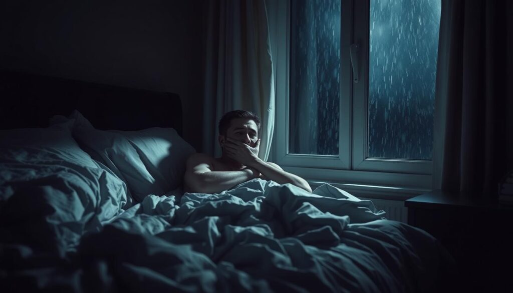 A dimly lit bedroom scene with a restless figure tossing and turning in a rumpled bed, their face contorted with worry. The lighting is soft and moody, casting dramatic shadows that highlight the tension and discomfort. In the background, a window shows a stormy night sky, rain streaking the glass, further emphasizing the sense of unease. The overall atmosphere is one of disruption and fatigue, reflecting the impact of sleep disturbances on quality of life.