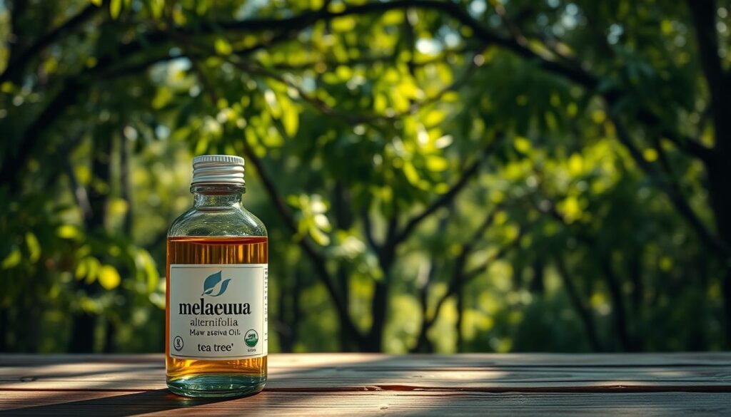 A pristine bottle of melaleuca (tea tree) essential oil resting on a wooden table, illuminated by soft, natural lighting. In the background, a lush, green forest of melaleuca trees sways gently, casting dappled shadows. The bottle's label showcases the botanical name "Melaleuca alternifolia" alongside its common name "tea tree". The oil's golden hue gleams, hinting at its purity and potency. The overall scene conveys the oil's natural origins, highlighting its connection to the plant's native habitat.