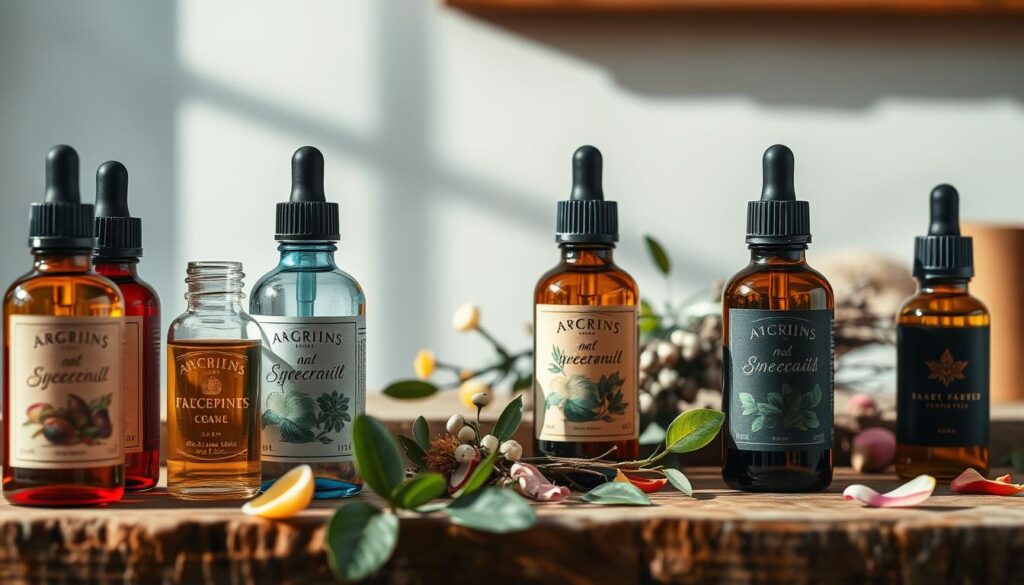 A tranquil scene of essential oils, their vibrant hues and natural textures taking center stage. In the foreground, a selection of glass bottles containing various botanical extracts, their labels elegantly showcasing their origins. The middle ground features a wooden surface, perhaps a rustic table or countertop, adorned with fresh botanicals, leaves, and petals that hint at the process of extraction. Soft, natural lighting bathes the scene, casting gentle shadows and highlighting the inherent beauty of these precious plant-derived essences. The background suggests a minimalist, serene setting, allowing the focus to remain on the captivating display of these versatile and aromatic óleos essenciais.