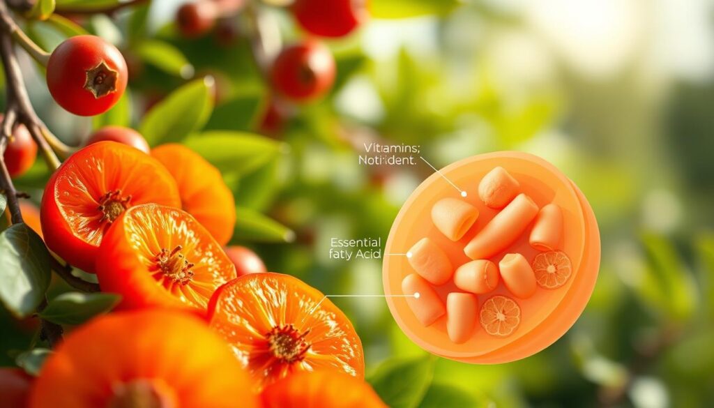 A vibrant, close-up illustration of the internal benefits of rosa mosqueta (also known as rosehip). The foreground showcases an array of sliced rosehips, their rich orange-red hues radiating a warm, nourishing glow. In the middle ground, a transparent anatomical cross-section reveals the bountiful nutrients contained within - vitamins, antioxidants, and essential fatty acids. The background features a soft, blurred backdrop of lush, verdant foliage, evoking a sense of nature's restorative powers. The lighting is diffused and natural, emphasizing the delicate, organic qualities of the subject matter. The overall composition and palette convey the health-promoting properties of this remarkable superfood.