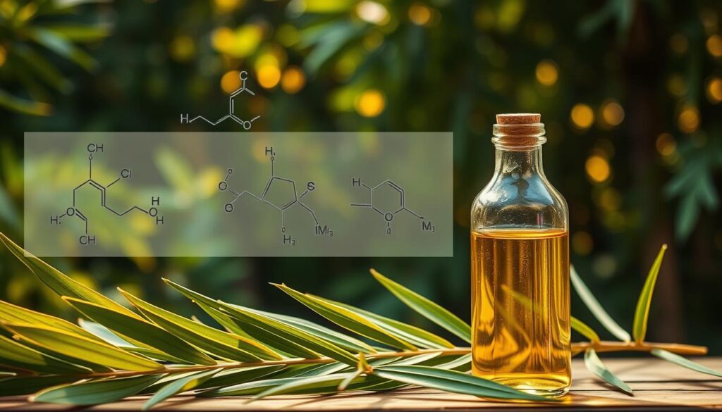 A vibrant, high-quality photograph of a natural arrangement showcasing the chemical properties and beneficial attributes of melaleuca (tea tree) oil. The foreground features a glass bottle filled with the transparent, golden-hued oil, alongside a few freshly harvested melaleuca leaves with their distinctive narrow, elongated shape and lush green color. In the middle ground, various chemical molecular structures related to the oil's active compounds are displayed, rendered in a clean, technical style. The background depicts a serene natural setting, perhaps a lush, verdant melaleuca forest, illuminated by warm, diffused natural lighting to create a calming, earthy ambiance.