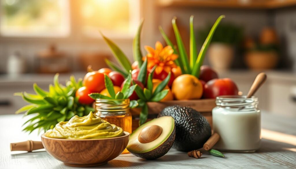 A beautifully arranged display of natural hair masks for curly hair, featuring vibrant, fresh ingredients such as avocados, honey, coconut oil, and aloe vera. In the foreground, a wooden bowl filled with a creamy, green hair mask sits beside a small jar of honey and a halved avocado. In the middle, vibrant, leafy plants and colorful fruits add texture and color, creating a sense of vitality. The background is softly blurred to suggest a relaxing kitchen or beauty space, illuminated by warm, natural sunlight streaming through a window, enhancing the organic feel of the scene. The atmosphere is calm and inviting, perfect for promoting self-care and natural beauty. The composition emphasizes an overall sense of wellness and natural ingredients.