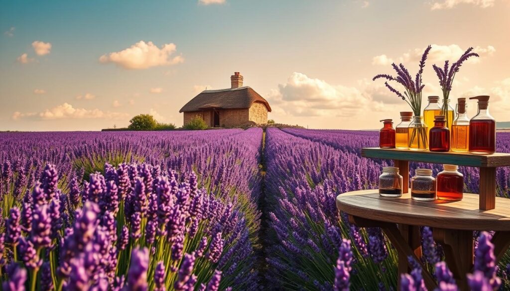 A serene, lush lavender field stretches across the foreground, with vibrant purple blooms swaying gently in a soft, golden sunlight. In the middle ground, a traditional stone cottage with a thatched roof stands, surrounded by neatly organized rows of lavender plants, symbolizing the long history of lavender cultivation. Soft clouds drift in a bright blue sky, adding to the peaceful ambiance. To the right, a vintage apothecary table displays various cosmetic jars filled with lavender-infused oils, hinting at the plant's use in cosmetics throughout history. The scene is captured with a warm, inviting lighting that creates a tranquil and nostalgic atmosphere, reminiscent of ancient rituals associated with lavender's benefits. The angle is slightly elevated, providing a panoramic view of the landscape, emphasizing the beauty and historical significance of this beloved plant.