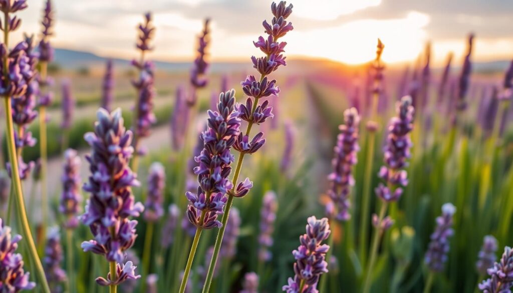 A vibrant lavender plant (lavandula) in full bloom, showcasing its delicate purple flowers clustered on tall, slender green stems. The foreground features a close-up of the flower petals, revealing their intricate textures and subtle variations in color from deep violet to soft lavender. In the middle ground, a lush field of lavender stretches out, with rows of plants and their fragrant blossoms swaying gently in a soft breeze. The background includes a serene sky at golden hour, casting warm, golden light over the landscape, enhancing the mood of tranquility and natural beauty. The image captures the essence of botany and cultivation, highlighting the elegance of the lavender plant in its natural environment.