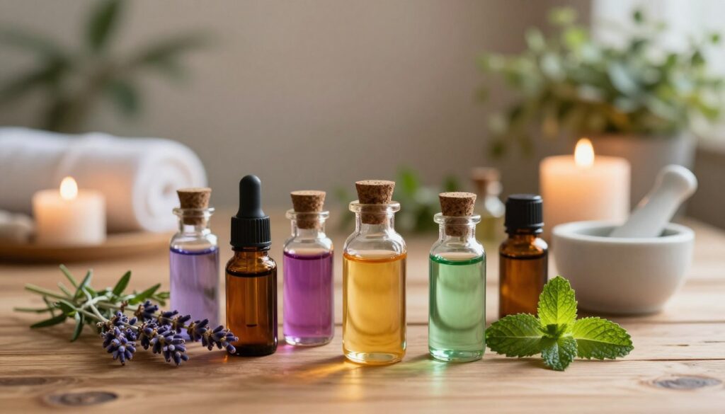 A beautifully arranged display of essential oils in glass bottles, showcasing various shapes and sizes, filled with vivid, colorful oils like lavender, eucalyptus, and peppermint. In the foreground, a wooden table with sprigs of fresh herbs and a small mortar and pestle. In the middle ground, a soft-focus background of a calming spa setting, with plants and candles providing a serene atmosphere. The lighting is warm and inviting, casting gentle shadows, with a bokeh effect enhancing the soothing ambiance. The overall mood is tranquil and natural, emphasizing wellness and the therapeutic aspects of essential oils.