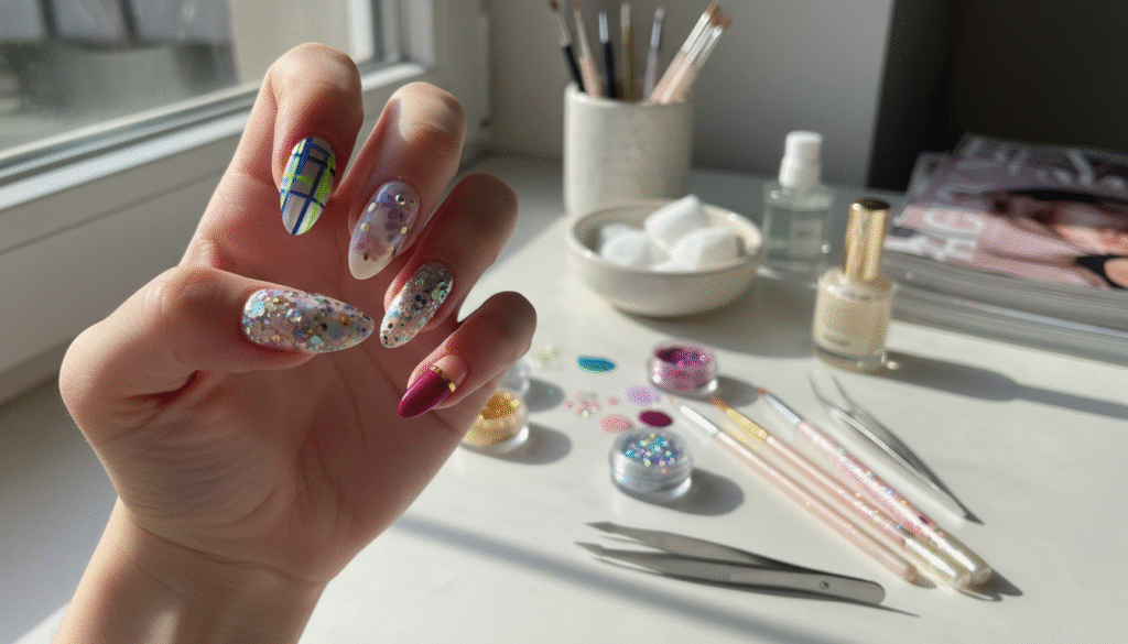 A close-up view of beautifully decorated nails showcasing the latest trends for 2026. The foreground should feature a hand with elegantly manicured nails adorned with a mix of vibrant colors, intricate patterns, and sparkly accents. Consider a variety of designs such as geometric shapes, floral motifs, and minimalist styles. The middle ground could display elegant tools of nail art, like brushes and gems, subtly arranged to hint at the artistry involved. For the background, a soft-focus, pastel-colored workspace setting enhances the creativity without overwhelming the image. Use diffused, natural lighting to create a warm and inviting atmosphere, with a slight emphasis on the sheen and texture of the nail designs. The composition should evoke a sense of excitement and sophistication, ideal for inspiring readers about the nail trends of 2026.