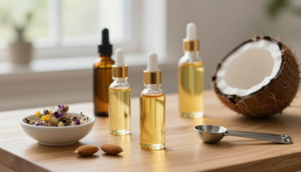 A serene, organized still life showcasing various carrier oils used for diluting essential oils. In the foreground, display elegant glass bottles filled with different carrier oils like jojoba, almond, and coconut, each with a unique texture and color. In the middle, a simple wooden table features a small bowl of dried flowers and a set of measuring spoons, hinting at the process of blending oils. The background should be softly blurred, revealing a calming atmosphere with natural light streaming through a window, creating gentle highlights on the glass. The overall mood is tranquil and inviting, emphasizing the importance of carrier oils in essential oil dilution, while maintaining a clean and professional aesthetic.