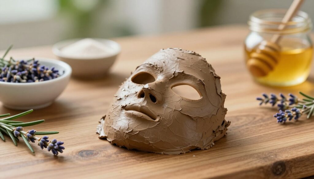 A close-up view of a clay mask resting on a smooth, rustic wooden table, surrounded by small bowls of natural ingredients like rosemary, lavender, and honey. The background features soft, diffused lighting that creates a serene atmosphere, evoking a sense of calm and renewal. Gentle shadows add depth to the scene, enhancing the texture of the clay mask, which appears earthy and rich in color. A hint of greenery softly blurred in the distance suggests a natural setting, promoting the concept of wellness and self-care. The image should convey the benefits and tranquility of clay therapy, inviting the viewer to explore its soothing properties.