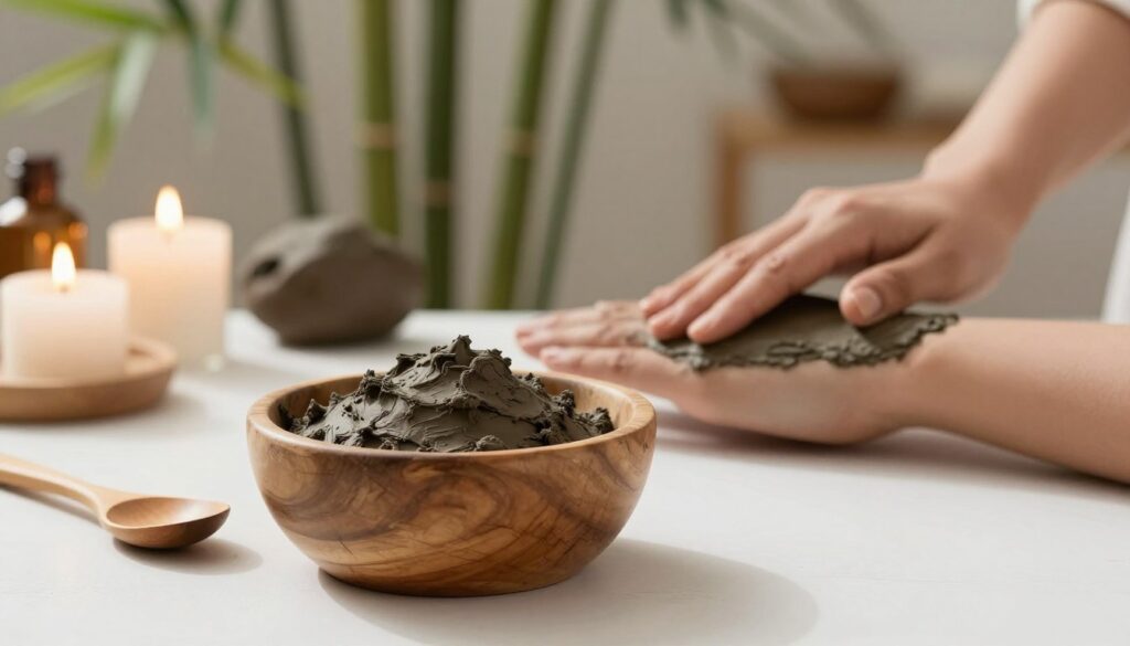A serene and inviting scene depicting therapeutic clay in its natural environment. In the foreground, a rustic wooden bowl filled with rich, dark clay sits on a clean, white surface, with a wooden spoon beside it. The middle ground features a healing hands sculpture gently applying clay to a person's arm, demonstrating its therapeutic use. The background is softly blurred, showcasing a tranquil spa setting with bamboo plants and soothing candles, enhancing the atmosphere of relaxation and wellness. The lighting is warm and natural, creating soft shadows that emphasize the textures of the clay and the scene’s peaceful ambiance. The composition conveys a sense of ancient healing practices, inviting viewers to explore the timeless benefits of clay therapy.