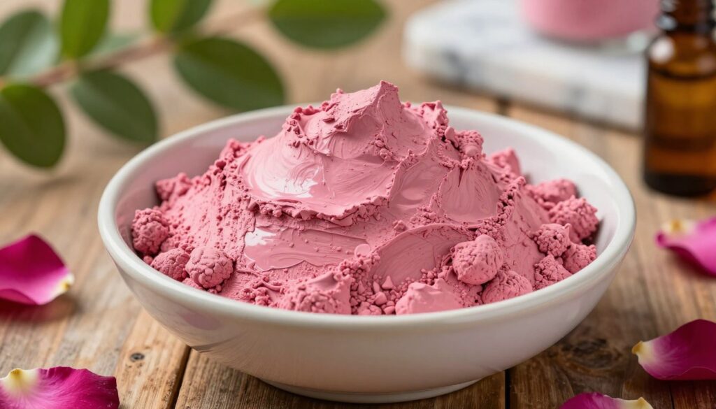 A close-up of vibrant pink "argila rosa" clay, elegantly displayed in a ceramic bowl, set on a rustic wooden table. The texture of the clay is rich and creamy, reflecting soft natural lighting that highlights its unique color tones. Surrounding the bowl are scattered organic ingredients like rose petals and essential oils, emphasizing the clay's beauty and skincare benefits. In the background, a blurred arrangement of green plants and a marble countertop adds a fresh, serene atmosphere. Capture this scene from a slightly elevated angle to showcase the clay's richness while evoking a sense of tranquility and luxury associated with modern beauty trends. The mood should feel inviting and calming, illustrating the allure of "argila rosa" in beauty applications.