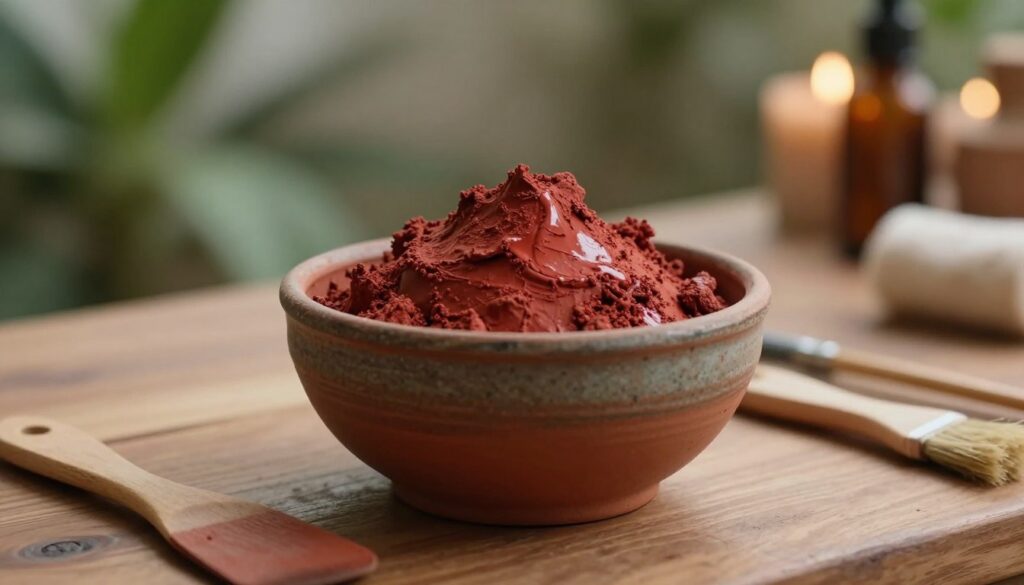 A close-up still life composition featuring a small, rustic ceramic bowl filled with vibrant red clay, known as "argila vermelha," set on a smooth wooden surface. Beside the bowl, include a few natural application tools like a wooden spatula and a small brush. The background should softly blur out with hints of a tranquil spa atmosphere, featuring gentle green plants and dim ambient lighting that evokes a sense of relaxation and rejuvenation. The clay should appear rich and textured, with subtle reflective highlights under soft, diffused daylight that enhances its earthy color. Capture the essence of natural beauty and wellness while ensuring a calm, inviting ambiance.