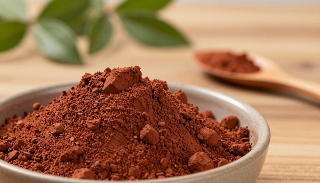 A close-up view of red clay, showcasing its rich reddish-brown color and texture, with fine grains and slight glistening in natural light. In the foreground, a smooth ceramic bowl filled with the clay, emphasizing its vivid hue. The middle ground features a wooden table surface scattered with small wooden tools and a trowel indicating its use in natural beauty remedies and skincare. In the background, a gently blurred green plant that evokes a sense of nature and wellness, hinting at the organic origins of the clay. Soft, diffused lighting enhances the earthy tones, creating a warm and inviting atmosphere that reflects a holistic lifestyle, inviting viewers to explore the benefits of red clay.