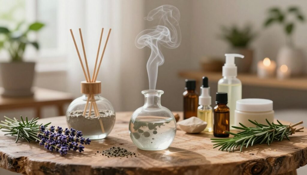 A serene and inviting scene depicting the fundamentals of aromatherapy applied to skincare, with a focus on natural beauty treatments. In the foreground, an elegant glass diffuser emits wisps of soothing essential oil vapor, surrounded by fresh herbs like lavender and rosemary. A selection of beautifully arranged organic skincare products, including clay masks and oils, is artfully placed on a rustic wooden table. In the middle ground, a softly lit atmosphere features a cozy spa setting with natural light filtering through sheer curtains, illuminating the textures of clay and organic ingredients. Background elements include potted plants and calming decor, enhancing the tranquil mood of holistic beauty. Capture this scene with a warm, soft focus to evoke a sense of relaxation and rejuvenation.