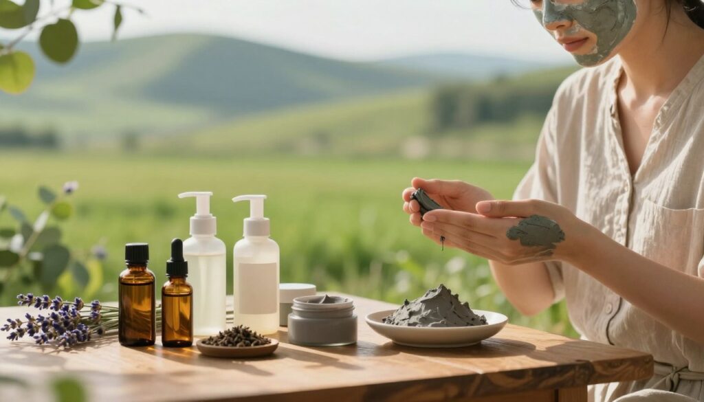 A serene setting reflecting the essence of natural aesthetics, featuring a lush green landscape with gentle hills in the background. In the foreground, a wooden table displays an array of natural skincare products: essential oils, clay masks, and plants like lavender and eucalyptus, conveying the harmony of aromatherapy and clay therapy. A softly lit, warm ambiance enhances the scene, with sunlight filtering through leaves, casting gentle shadows. A person dressed in modest casual clothing is seen applying a face mask made of clay, showcasing the practice of natural beauty treatment. The mood is tranquil and rejuvenating, inviting the viewer into a holistic experience of natural well-being. The image is captured with a soft focus lens, emphasizing the beauty of nature and natural products.
