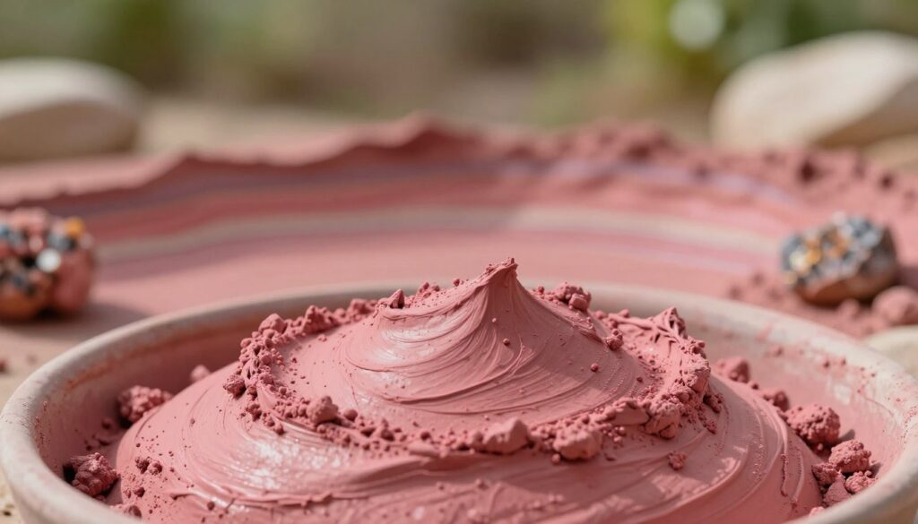 A vibrant, detailed close-up of natural pink clay, known as "argila rosa," showcasing its rich texture and soft, earthy tones. In the foreground, the clay is presented in a small bowl, with some of it slightly scattered around, highlighting its smooth, powdery quality. In the middle ground, an abstract representation of the clay's formation process, including faint geological layers and mineral elements that contribute to its color and properties. The background features gentle natural elements, such as soft-focus greenery and light stones, evoking an organic atmosphere. The lighting is warm and soft, casting delicate shadows and enhancing the clay's natural shine, creating a tranquil and inviting mood. The composition should be balanced, emphasizing the beauty and uniqueness of "argila rosa" without any text overlays or distractions.