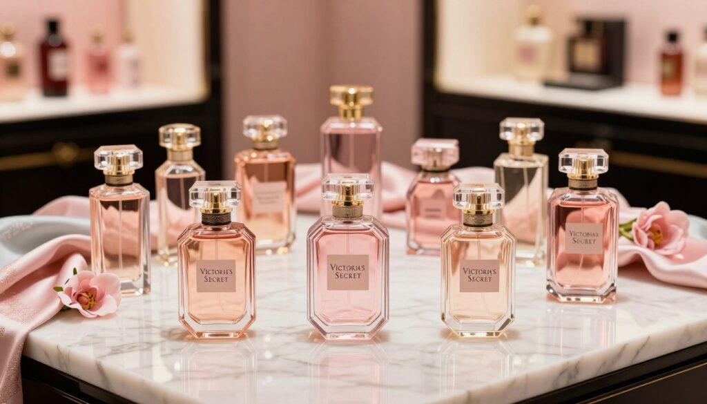 A luxurious display of Victoria's Secret perfume bottles arranged elegantly on a polished marble surface, capturing the essence of glamour and allure. The foreground features an artfully composed group of signature fragrance bottles with delicate floral and fruity notes, each bottle uniquely shaped with intricate designs. In the middle ground, softly shimmering fabrics in pastel hues hint at the brand's signature style, while a hint of silk flowers adds a touch of natural beauty. The background showcases a softly blurred boutique setting, with warm golden lighting creating an inviting atmosphere. The scene is captured from a slightly elevated angle, lending depth and sophistication to the composition, evoking a sense of desire and elegance associated with Victoria's Secret fragrances.