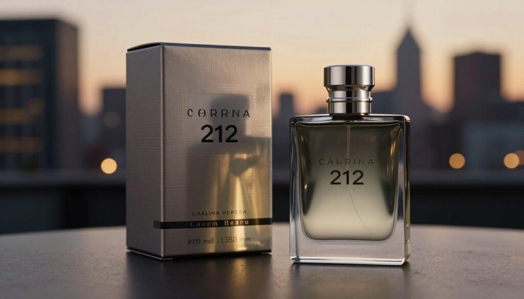 A sophisticated bottle of Carolina Herrera 212 Men fragrance is featured prominently in the foreground, its sleek, modern design highlighted with soft reflections. The middle ground includes an elegant display of the fragrance's box, adorned with refined textures and subtle branding, evoking a sense of luxury. The background features a blurred urban skyline at dusk, with warm, ambient lighting that creates a classy and timeless atmosphere. The scene captures a refined masculinity, with hints of sophistication and allure, emphasizing the essence of a classic men's fragrance. The lighting is soft yet focused, enhancing the product's features. The overall mood is inviting and elegant, perfect for illustrating a timeless icon in perfumery.
