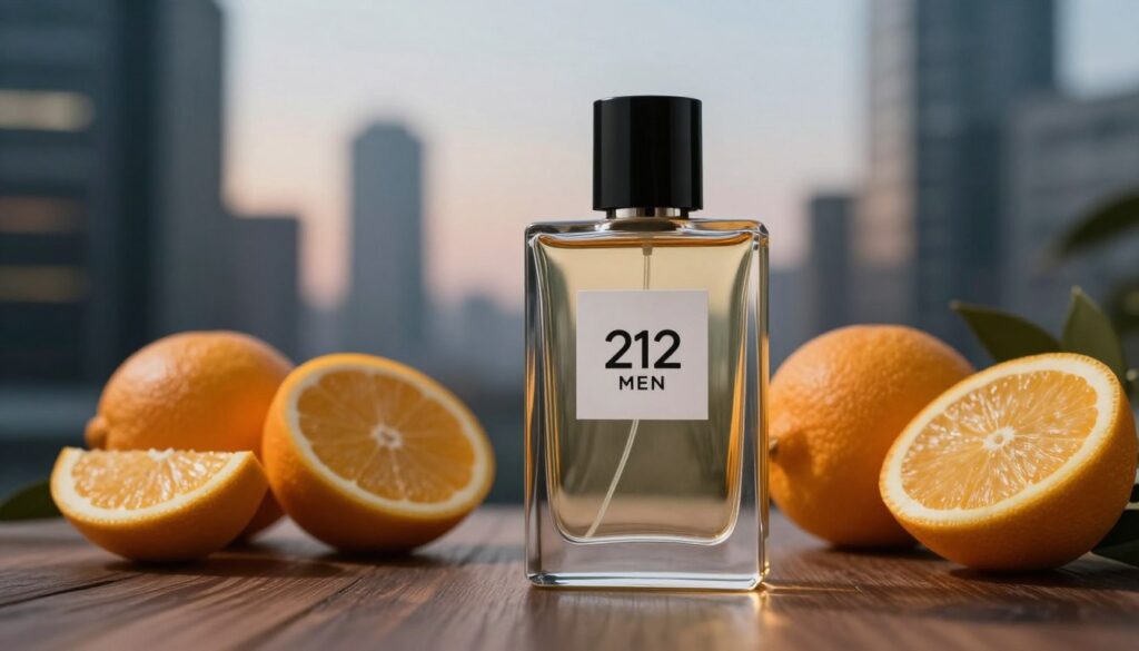 A stylish and elegant display of the 212 Men fragrance bottle, prominently positioned in the foreground, surrounded by fresh, vibrant notes of citrus and woodsy elements symbolizing the fragrance's character. The bottle, made of sleek glass with minimalist design, reflects soft, ambient lighting that creates subtle glimmers. In the middle ground, a blurred background of a modern urban setting, with hints of skyscrapers and a twilight sky, conveys a sense of timeless sophistication. The atmosphere is sophisticated yet approachable, evoking a feeling of confidence and allure. The image should have a soft focus with a shallow depth of field to emphasize the fragrance bottle as a classic yet contemporary masculine scent.