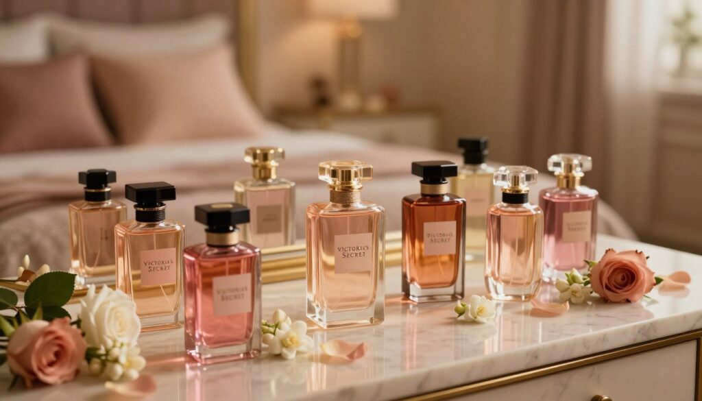 A visually striking display featuring an assortment of Victoria's Secret fragrance bottles in the foreground, elegantly arranged on a marble vanity table. The bottles, with their iconic designs and vibrant colors, catch the soft, warm glow of ambient lighting, creating a romantic and inviting atmosphere. In the middle ground, delicate flowers such as jasmine and rose petals, representative of the fragrances' notes, are artistically scattered around the bottles. In the background, a sophisticated blur of a luxurious bedroom with soft pillows and fabrics enhances the mood of indulgence and elegance. The image is shot from a slightly elevated angle to capture all elements in harmony, evoking a sense of allure and sophistication associated with Victoria's Secret.
