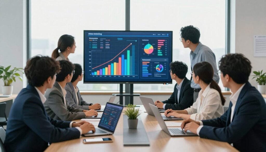 A dynamic and visually engaging scene illustrating marketing strategies in action. In the foreground, a diverse group of professionals, dressed in smart business attire, collaborate around a sleek conference table, analyzing data on digital devices. In the middle ground, a large screen displays vibrant graphs and charts showcasing increased sales and engagement metrics. The background features a modern office with large windows allowing natural light to flood the space, creating a bright and optimistic atmosphere. The overall mood is one of innovation, teamwork, and success, emphasizing the transformative power of effective marketing strategies. Use a wide-angle lens to capture the full scene, with warm lighting to enhance the inviting environment.
