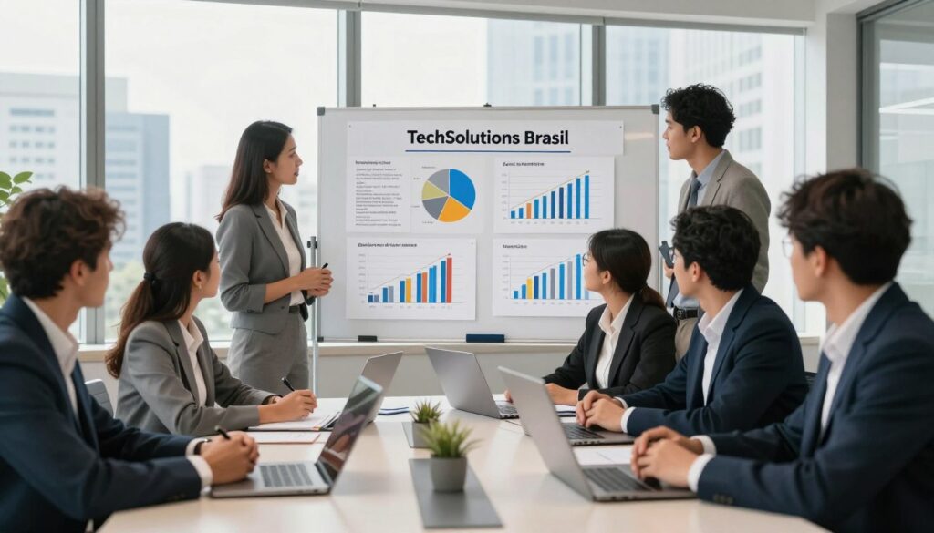 A dynamic office environment illustrating the challenges faced by TechSolutions Brasil in marketing strategy. Foreground features a diverse group of professionals in formal business attire, engaged in a brainstorming session around a sleek modern table, showcasing laptops and notepads. In the middle ground, a large whiteboard displays complex graphics and charts related to marketing analytics and strategies, representing data-driven decision making. The background contains floor-to-ceiling windows with a city skyline, allowing natural light to flood the room and create an uplifting atmosphere. Soft, warm lighting enhances the collaborative mood, while a slight depth of field focuses attention on the team’s expressions, reflecting determination and innovation. The overall composition conveys a sense of urgency and opportunity in navigating market challenges.