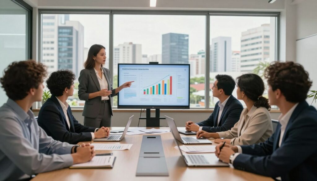 A modern office environment featuring a diverse group of professionals in business attire engaged in a strategic marketing meeting. In the foreground, a confident woman presenting a graph on a digital screen, while a diverse team of men and women intently discuss ideas around a sleek conference table filled with marketing materials. In the middle ground, large windows reveal a bustling Brazilian city skyline, symbolizing the vibrant market setting. The background is softly lit with natural light, creating a warm and collaborative atmosphere. The image conveys a sense of urgency and focus, highlighting the necessity for strategic planning in today’s competitive landscape. Use a wide-angle lens for an expansive view, focusing on expressions and engagement within the team.