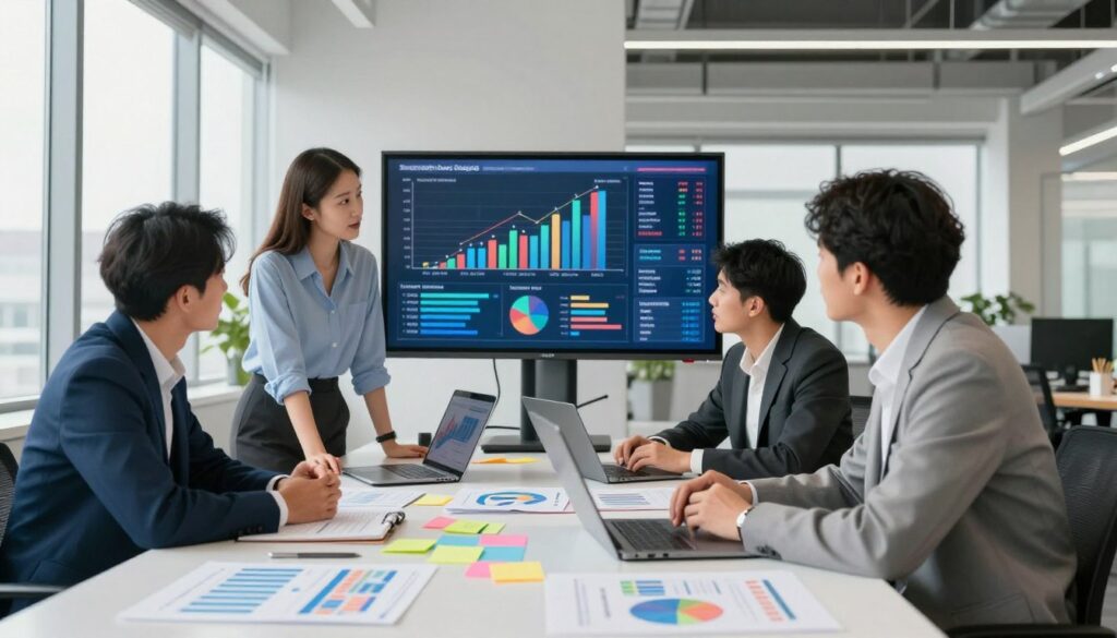 A modern office environment showcasing the essence of strategic marketing. In the foreground, a diverse group of three professionals—two men and one woman—are engaged in a brainstorming session, surrounded by marketing charts, digital devices, and sticky notes. They are dressed in smart business attire, exuding collaboration and focus. In the middle ground, a large screen displays colorful graphs and data analytics related to market strategies. The background features a bright and airy office, with large windows letting in natural light, giving the scene an optimistic and productive atmosphere. The composition uses a wide-angle lens to capture the energy of teamwork, with soft lighting highlighting the vibrant colors of the marketing materials. The overall mood is inspirational and forward-thinking, perfect for illustrating the importance of strategic marketing in business.