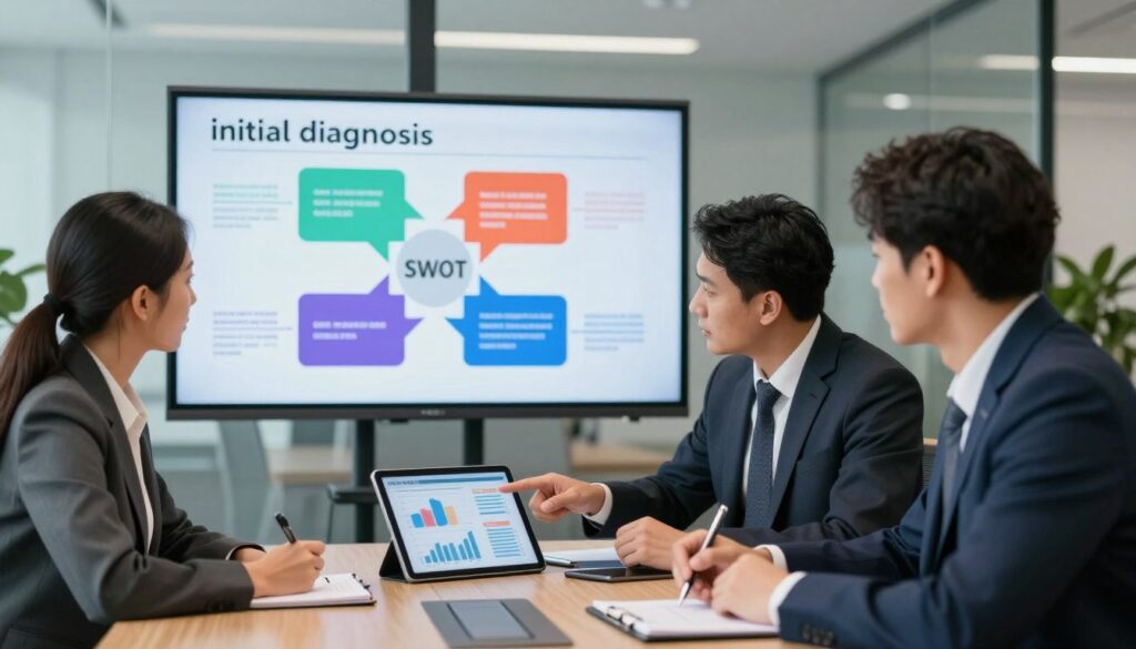 A professional business meeting scene illustrating the "initial diagnosis" phase of strategic planning. In the foreground, a diverse group of three professionals—two men and one woman—are engaged in discussion, all dressed in smart business attire. One is pointing at a digital tablet displaying charts and graphs, while the others are taking notes, showing focus and collaboration. In the middle ground, a large screen displays a colorful SWOT analysis chart, symbolizing the current state of the company. The background features a modern conference room with glass walls, subtle greenery, and a well-lit ambiance that creates a sense of clarity and insight. The lighting is bright yet soft, enhancing the serious but optimistic atmosphere of strategic planning.