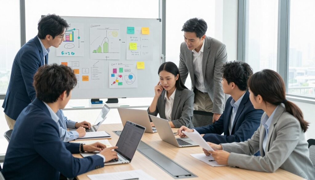 A professional business setting illustrating strategic planning: In the foreground, a diverse group of business professionals, dressed in smart casual attire, are gathered around a large conference table, intently discussing plans while reviewing documents and digital devices. In the middle ground, a whiteboard filled with colorful charts, strategic goals, and brainstorming notes showcases a collaborative environment. The background features large windows allowing natural light to flood the room, creating an optimistic atmosphere. The mood is focused and dynamic, conveying a sense of purpose and collaboration essential for successful business strategy execution. The image is bright and vibrant, captured from a slightly elevated angle to emphasize teamwork and engagement.