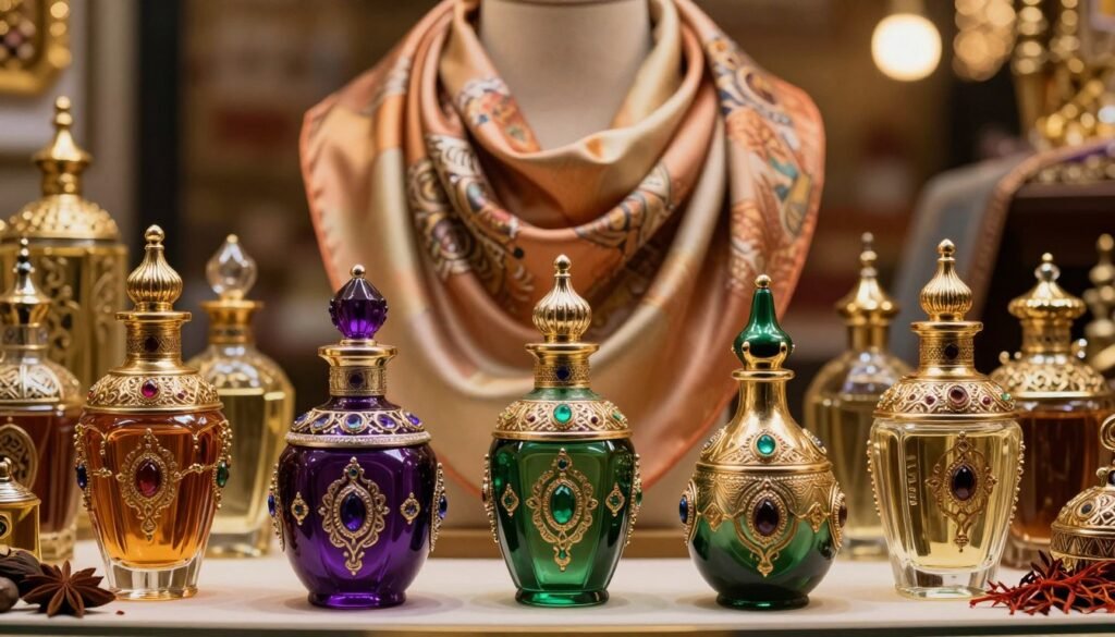 A beautifully arranged display of exquisite Arabic perfumes in elegant glass bottles with intricate designs. In the foreground, a variety of ornate perfume bottles featuring rich, jewel-toned colors like deep purple, emerald green, and gold, embellished with detailed patterns and gems. In the middle ground, a luxurious silk scarf in warm tones is artistically draped, adding depth and texture. The background features soft, diffused lighting reminiscent of a lavish Middle Eastern market, highlighting the perfumes and creating an inviting atmosphere. A subtle hint of exotic spices, such as saffron and oud, can be suggested through visual elements. The scene conveys sophistication and allure, perfect for an article focusing on the best Arabic perfumes.
