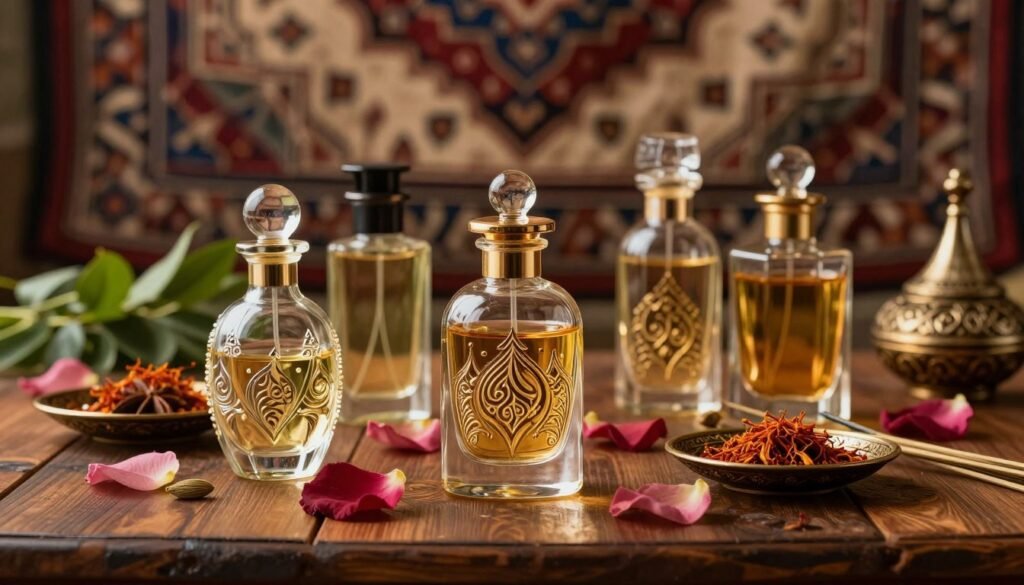 A captivating still life of exotic oriental fragrances elegantly displayed on a richly textured wooden table. In the foreground, intricately designed glass bottles of perfume, adorned with ornate arabesque patterns, catch the warm, golden light. Surrounding the bottles are delicate rose petals and traditional incense holders, adding a touch of authenticity. In the middle ground, hints of lush greenery and spices like saffron and cardamom subtly enhance the scene. The background features a softly blurred tapestry with intricate Middle Eastern motifs, creating a sense of depth. The overall mood is one of sophistication and allure, evoking the enchanting world of Arabic perfumery that has charmed Brazil. Soft, natural lighting enhances the luxurious quality of the fragrances.